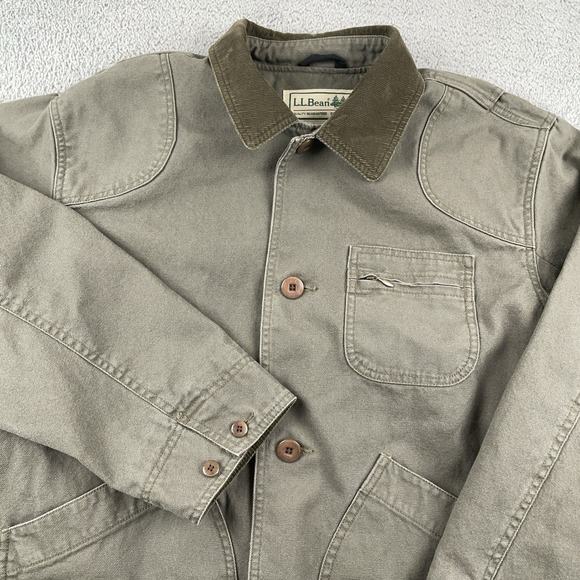 LL Bean Jacket Mens M Green Canvas Chore Barn Field Coat Corduroy Collar Lined - Picture 1 of 8